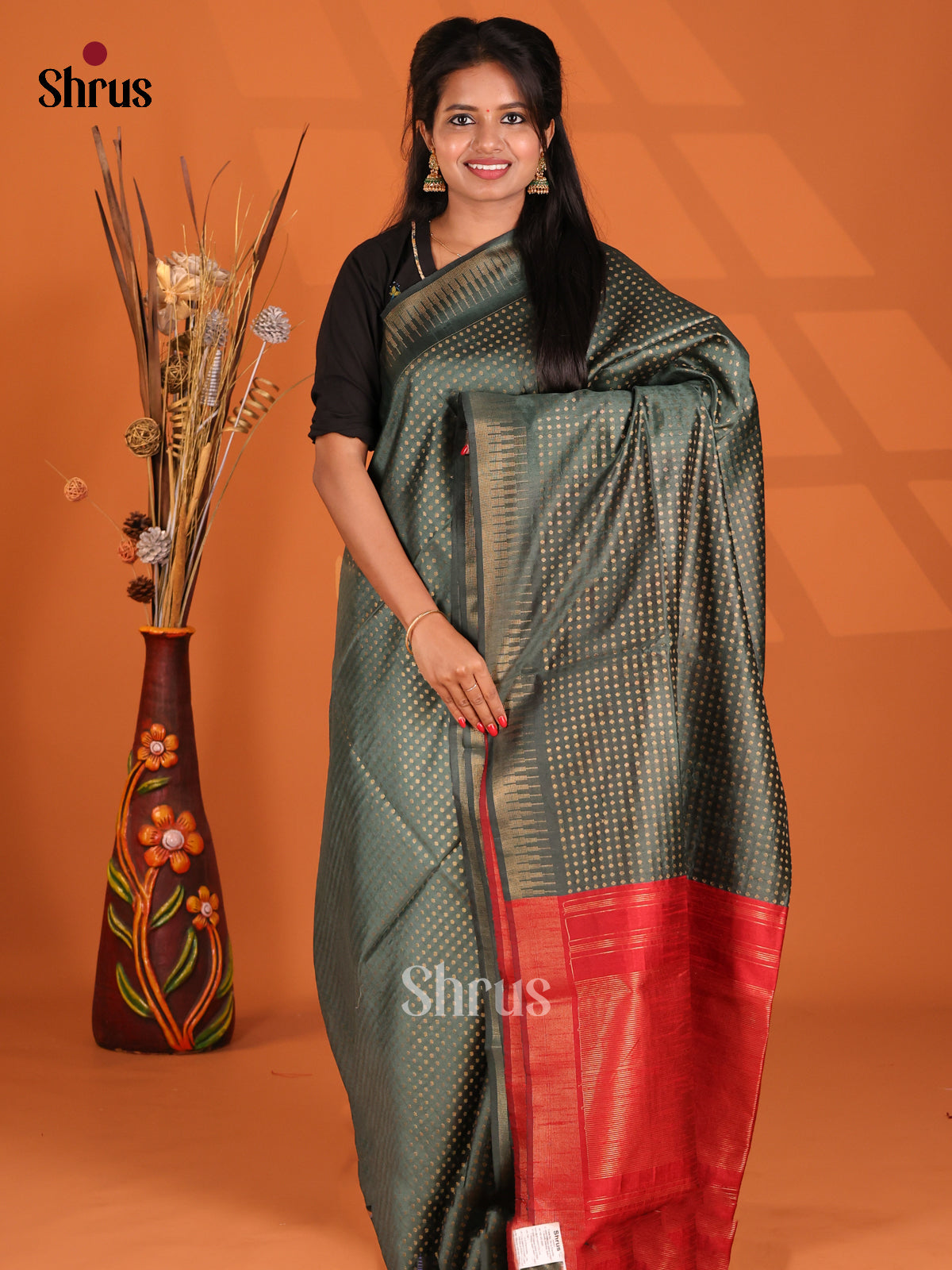 Dark Green & Red - Semi Rawsilk Saree - Shop on Shrus.com