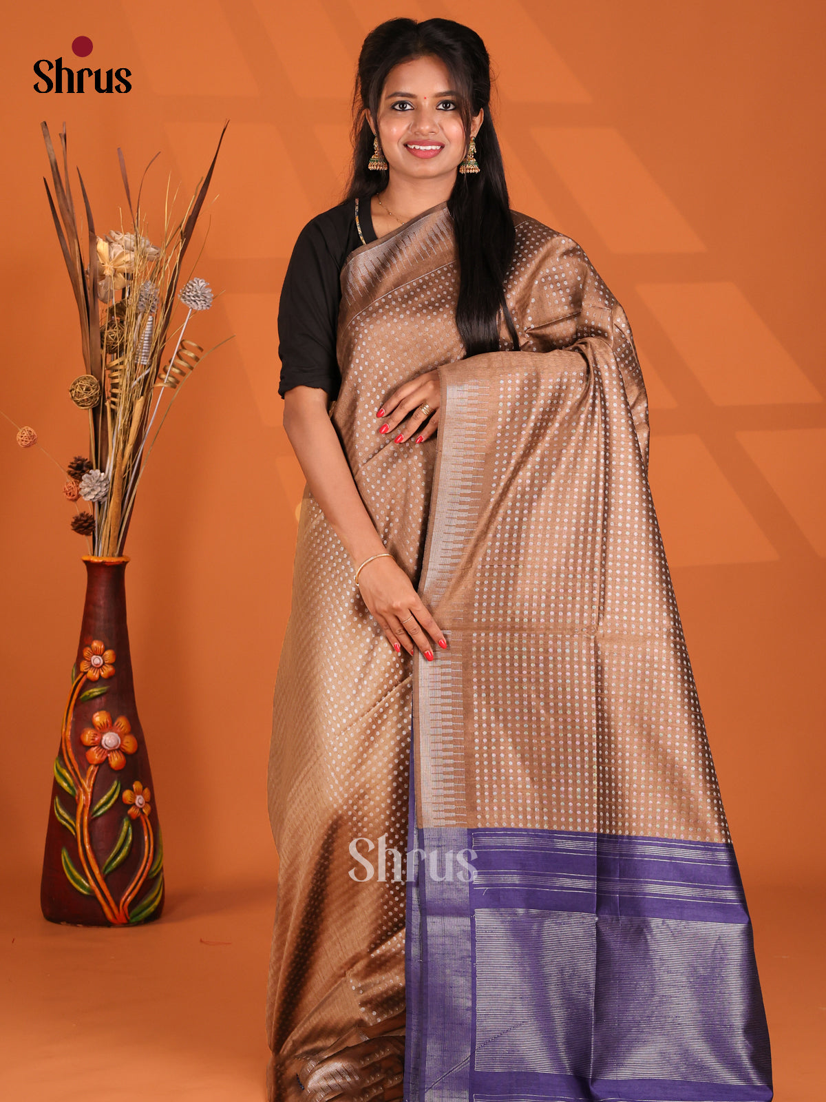 Brown & Blue- Semi Rawsilk Saree