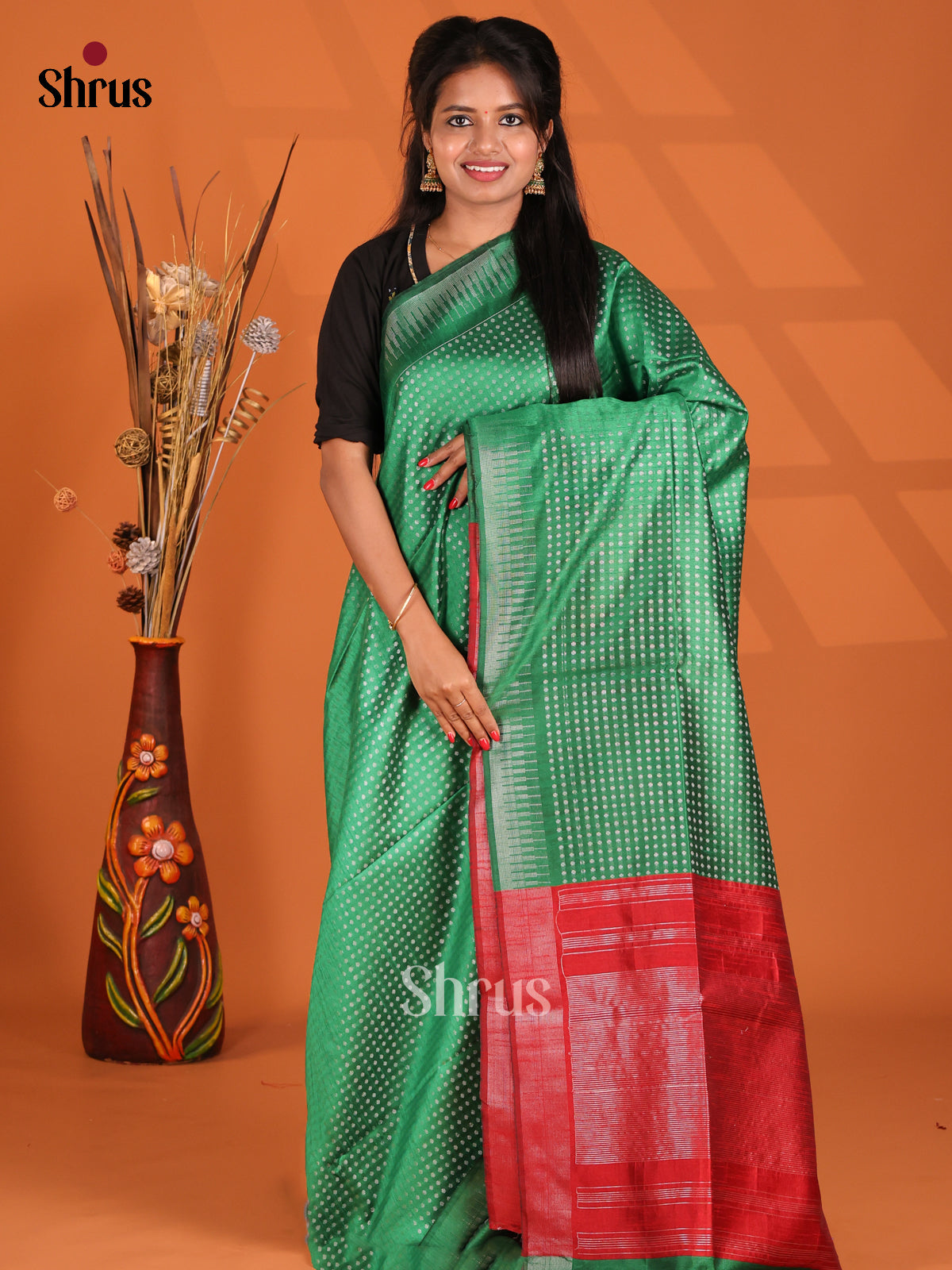 Green & Red- Semi Rawsilk Saree - Shop on Shrus.com