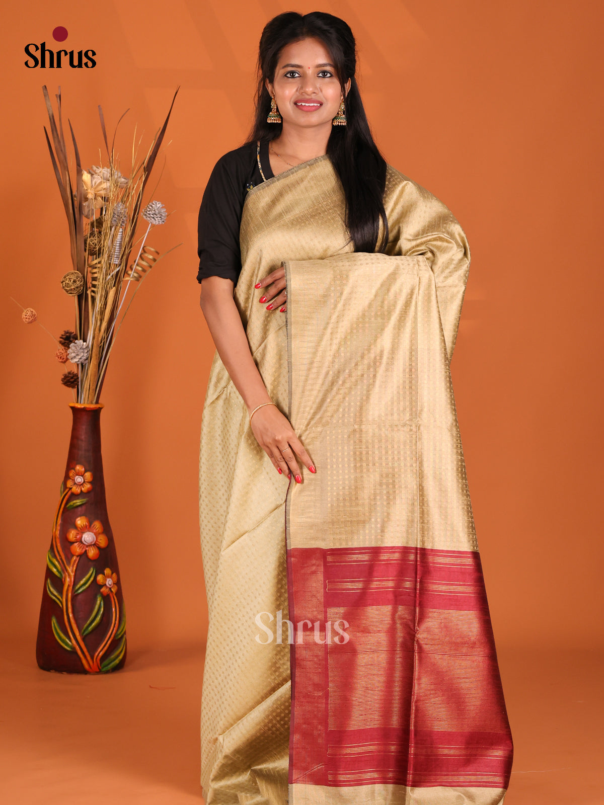 Cream & Maroon- Semi Rawsilk Saree