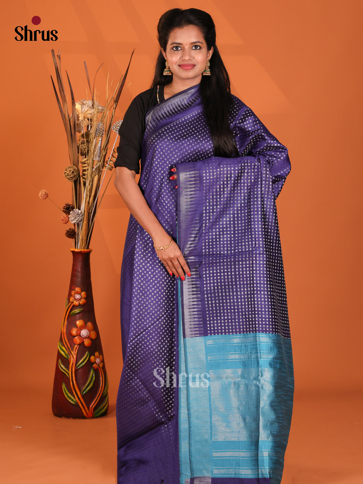 Violet & Sky Blue- Semi Rawsilk Saree - Shop on Shrus.com