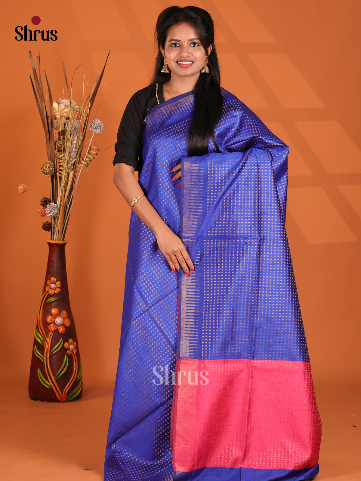 Blue & Pink - Semi Rawsilk Saree