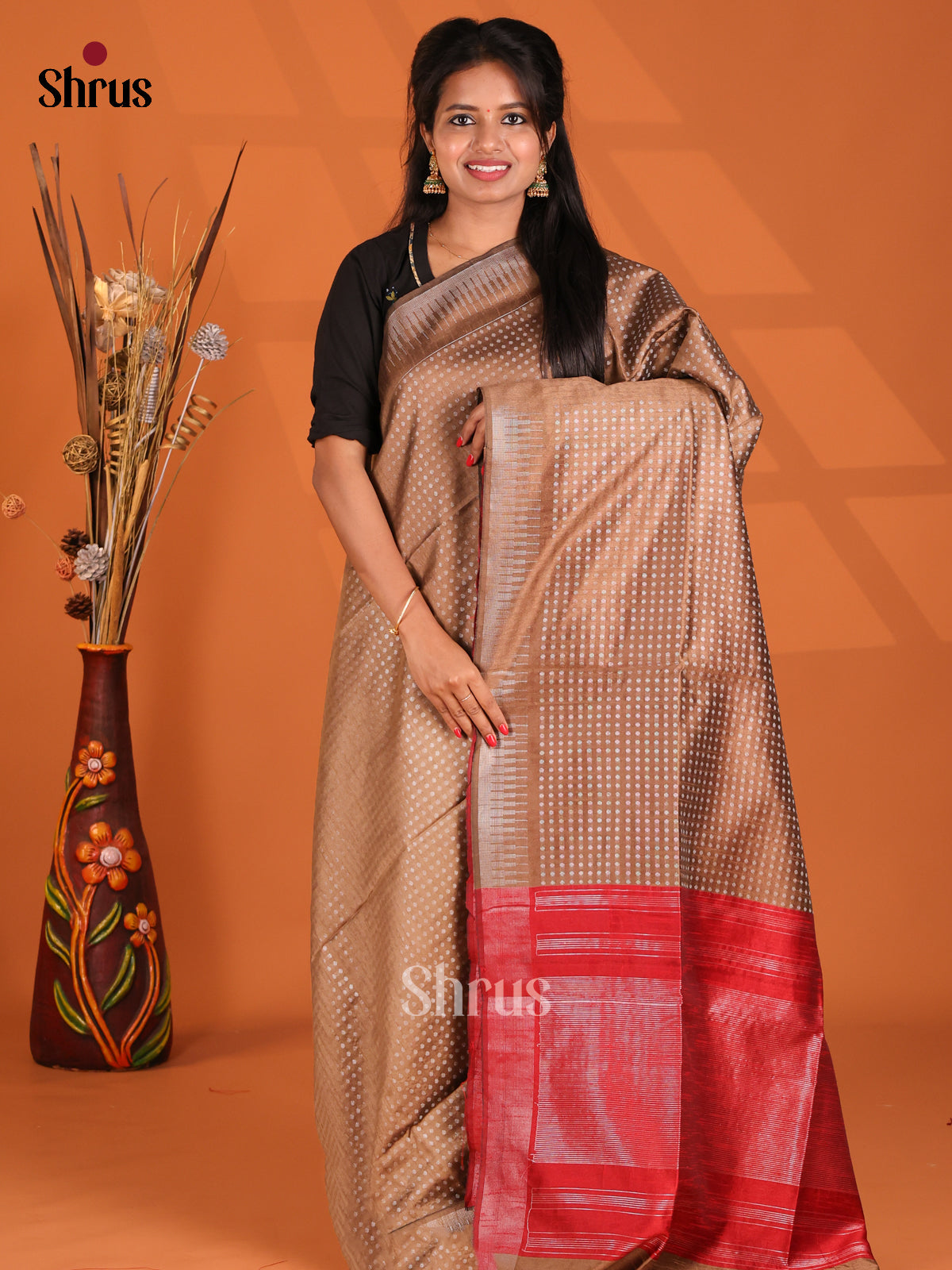 Brown & Red - Semi Rawsilk Saree