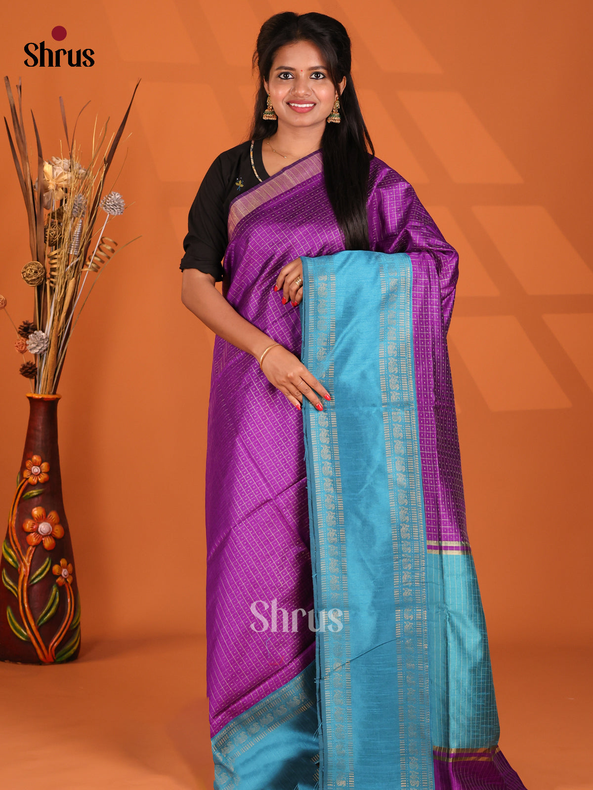 Purple & Blue - Semi Rawsilk Saree - Shop on Shrus.com
