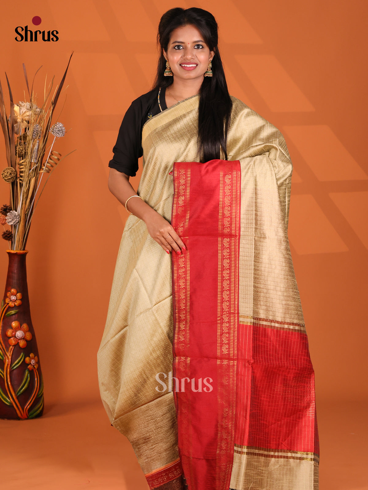 Cream & Red- Semi Rawsilk Saree - Shop on Shrus.com