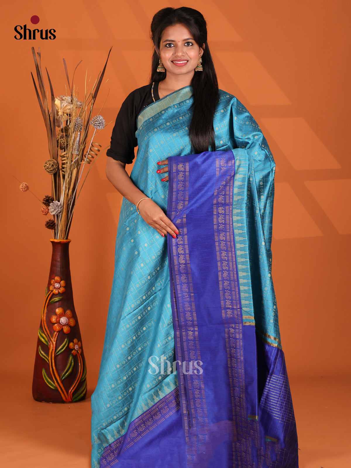 Sky blue & blue- Semi Rawsilk Saree - Shop on Shrus.com