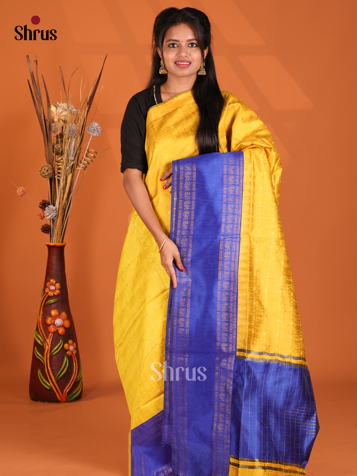 Yellow & Blue - Semi Rawsilk Saree - Shop on Shrus.com