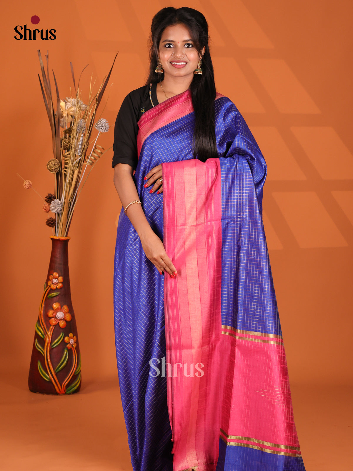 Blue & Pink- Semi Rawsilk Saree