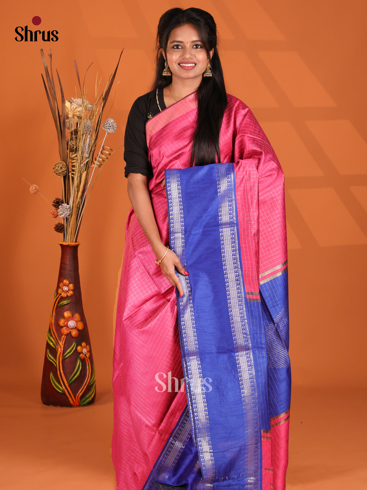 Pink & Blue- Semi Rawsilk Saree