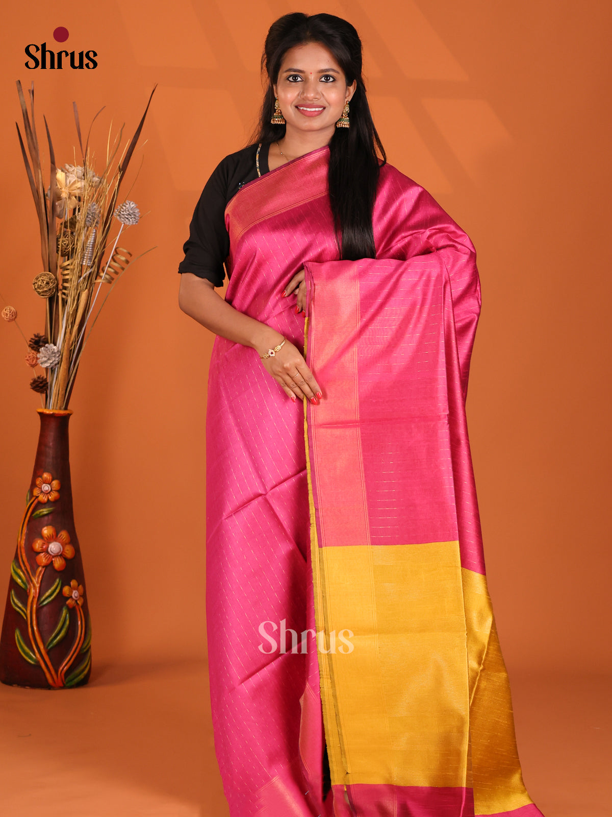 Pink & Yellow - Semi Rawsilk Saree - Shop on Shrus.com