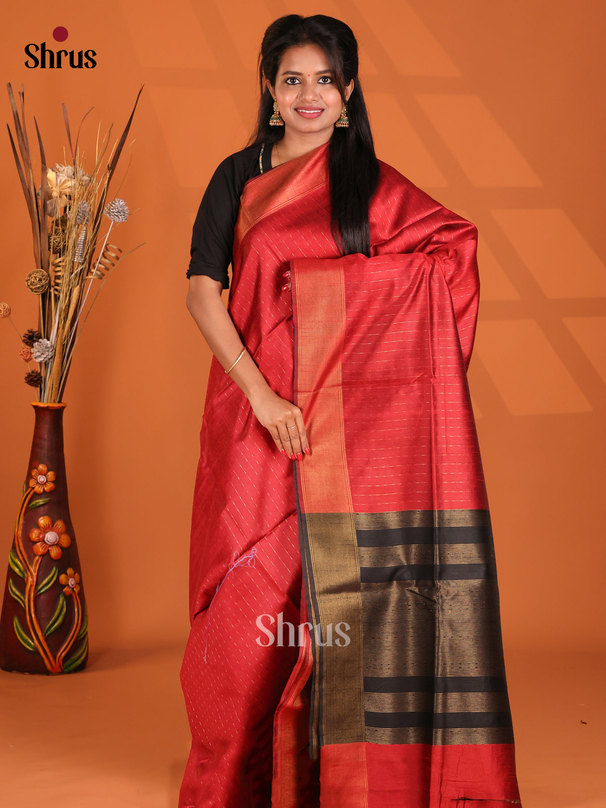 Red & Black - Semi Rawsilk Saree - Shop on Shrus.com