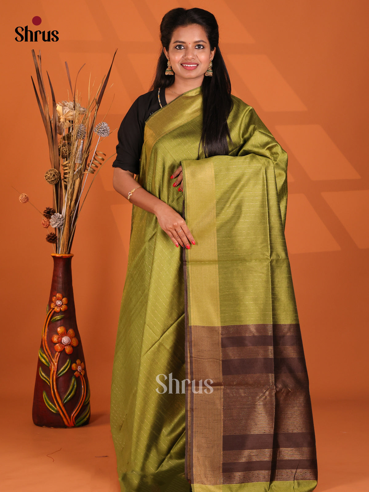 Green & Brown- Semi Rawsilk Saree - Shop on Shrus.com