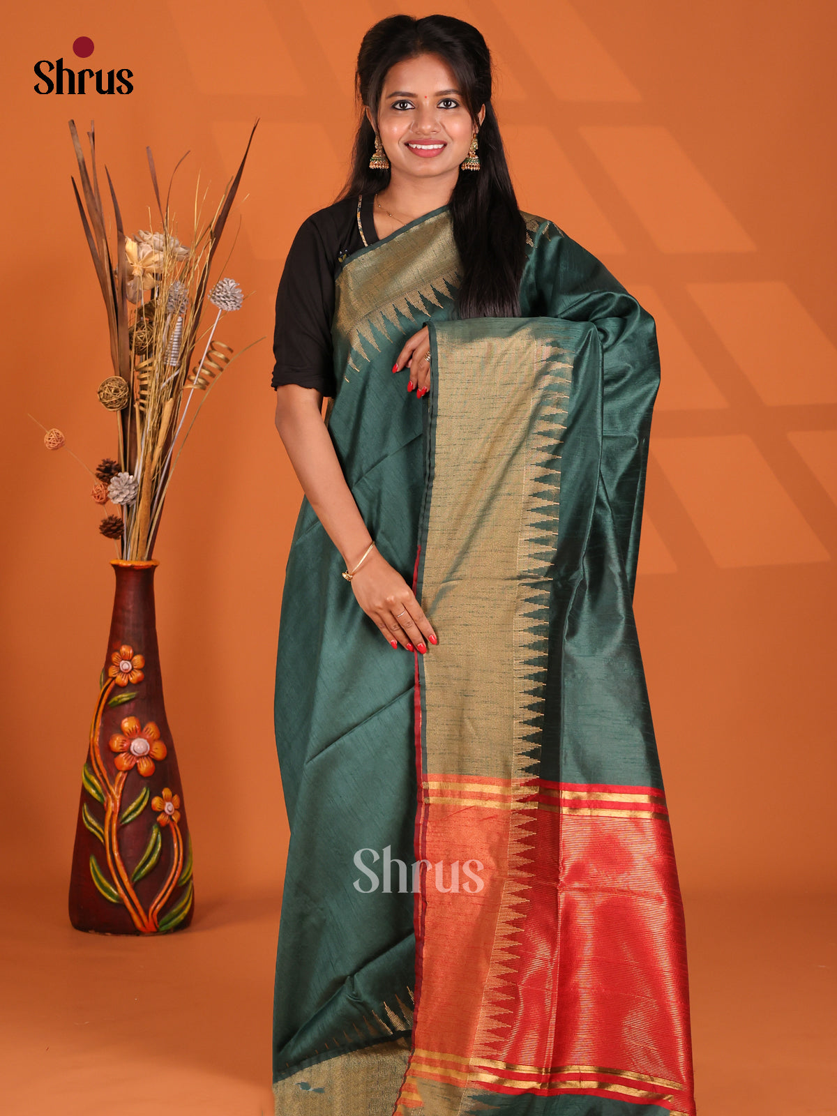Green & Red - Semi Rawsilk Saree - Shop on Shrus.com