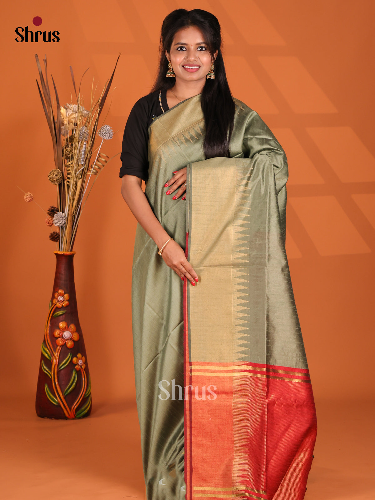 Grey & Red - Semi Rawsilk Saree - Shop on Shrus.com