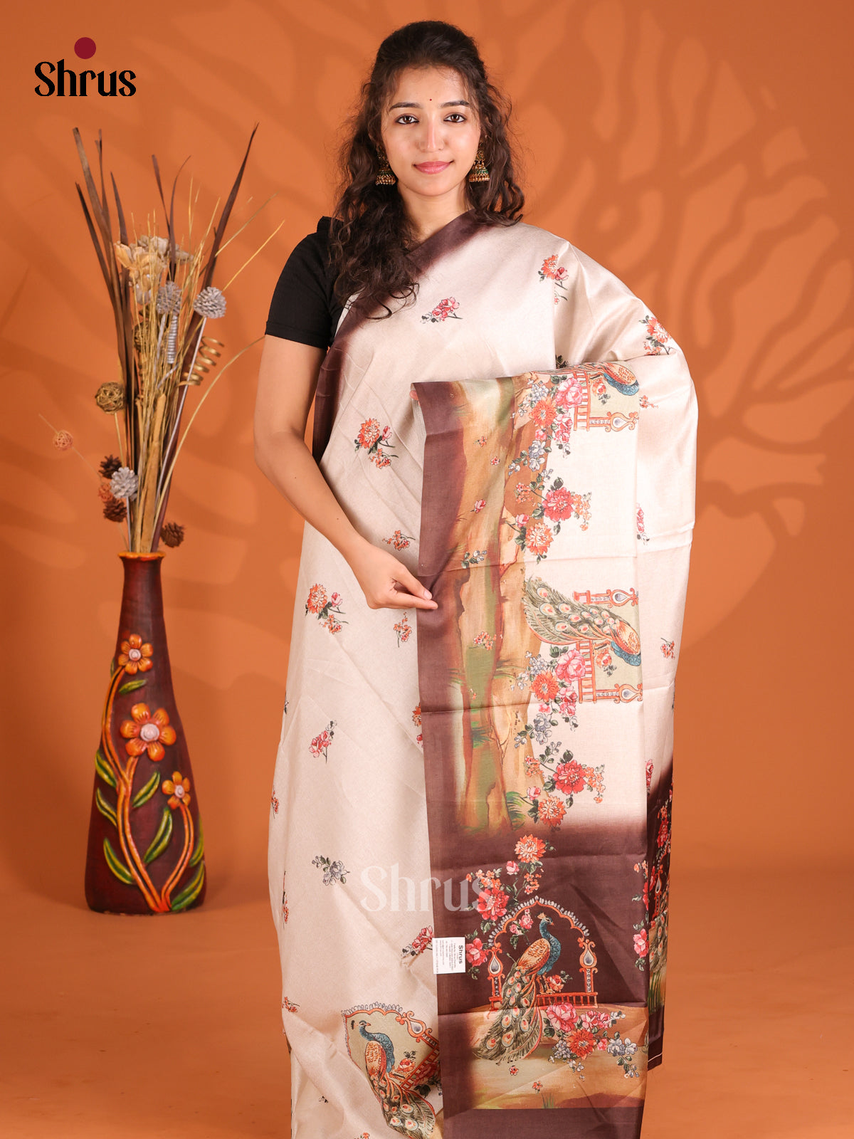 Cream & Brown- Butter silk Saree