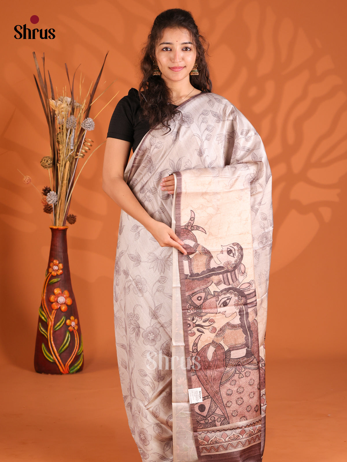 Cream & Brown - Butter silk Saree