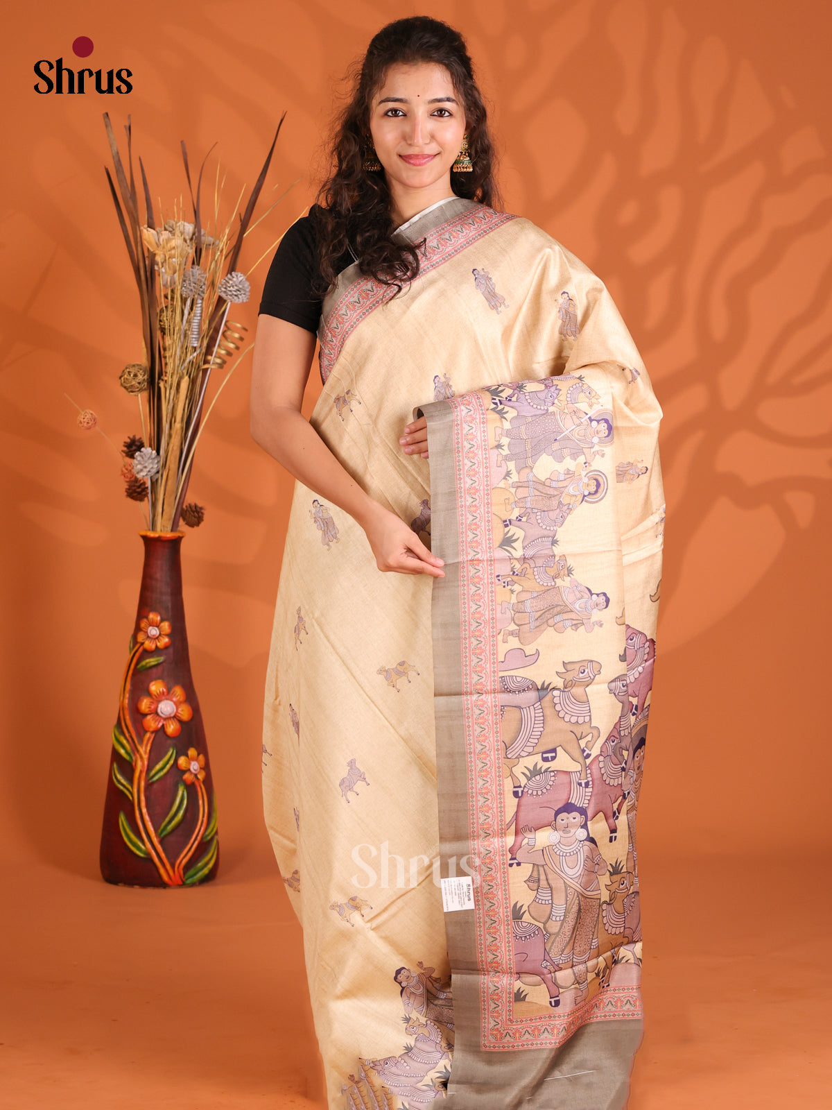 Cream & Grey- Butter silk Saree