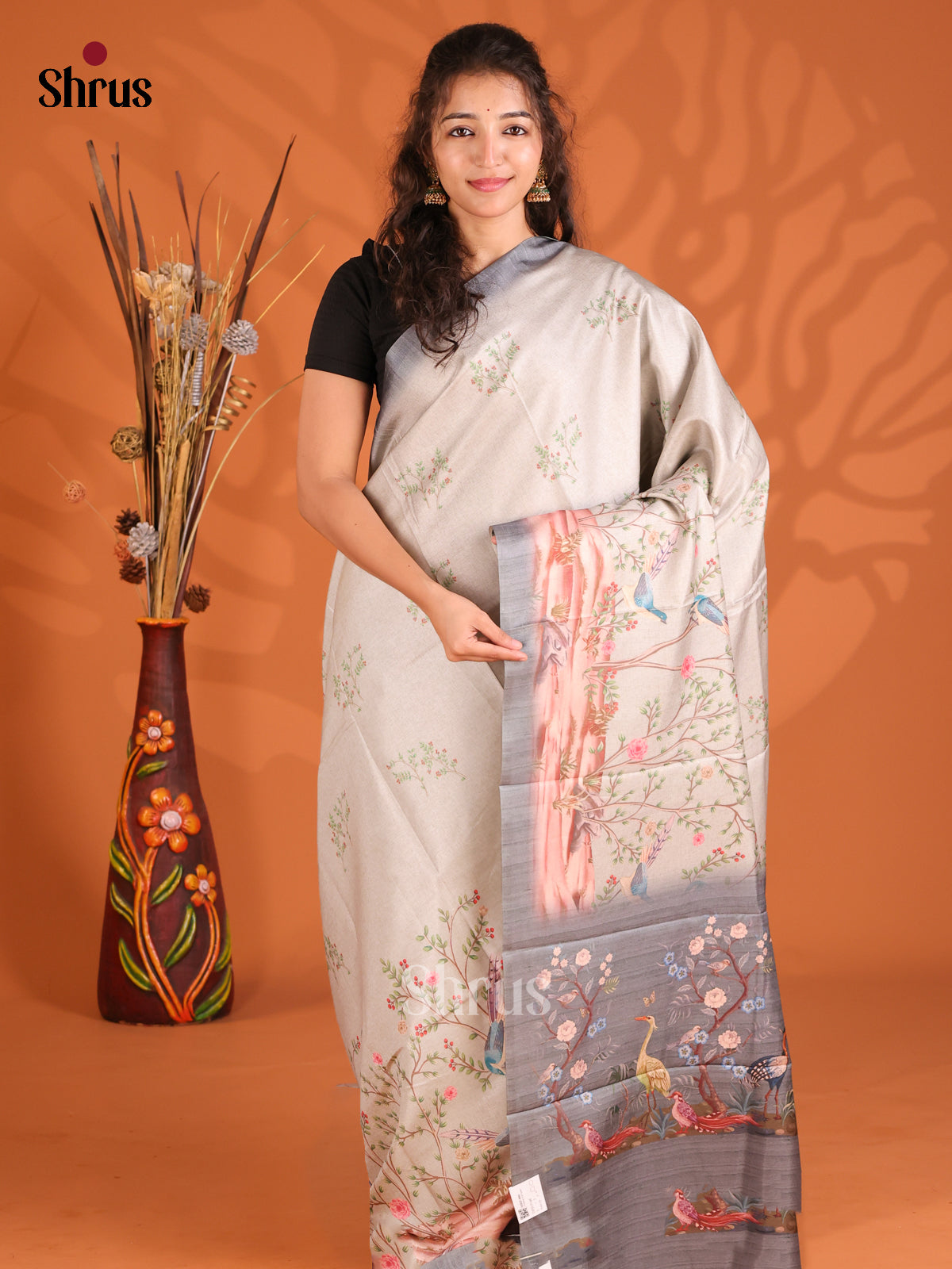 Cream & Grey- Butter silk Saree