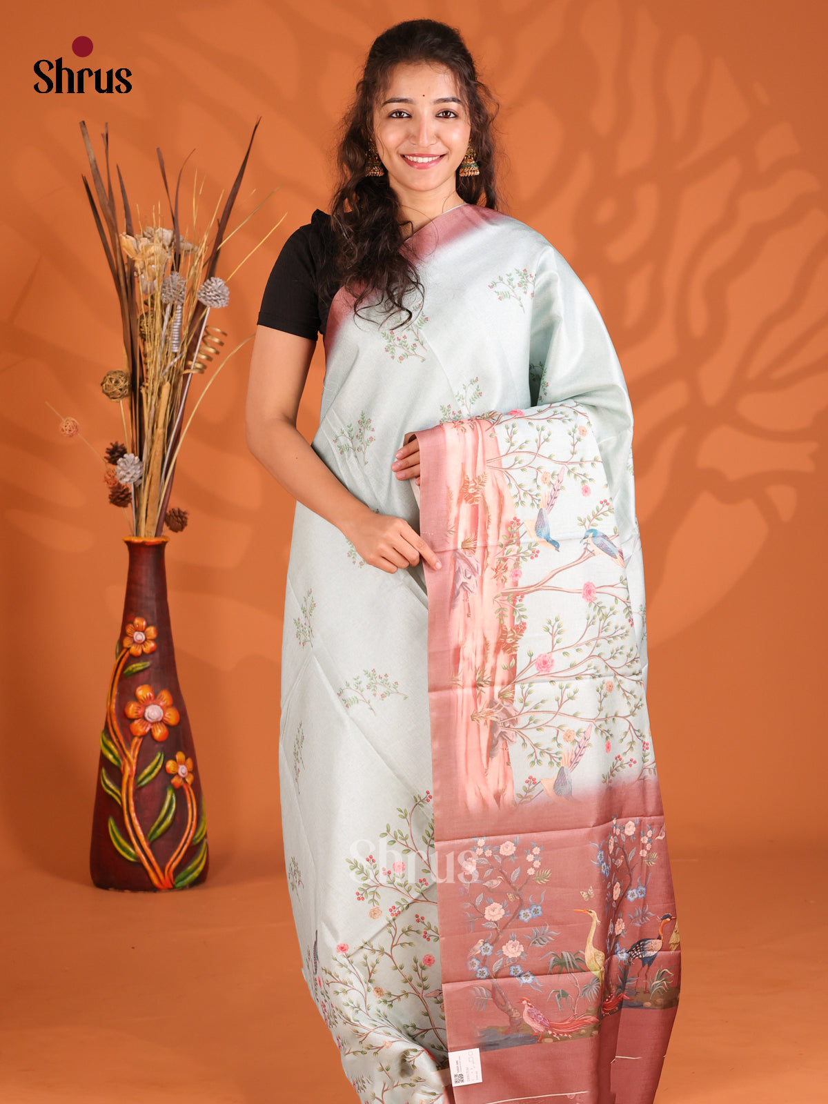 Pastel Green & Brown - Butter silk Saree