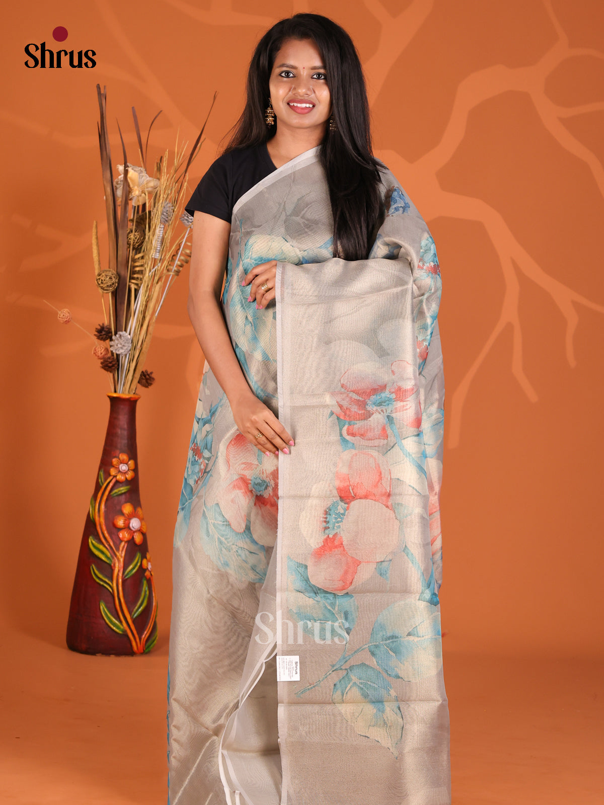 Grey & Blue- Semi Tissue Print Saree