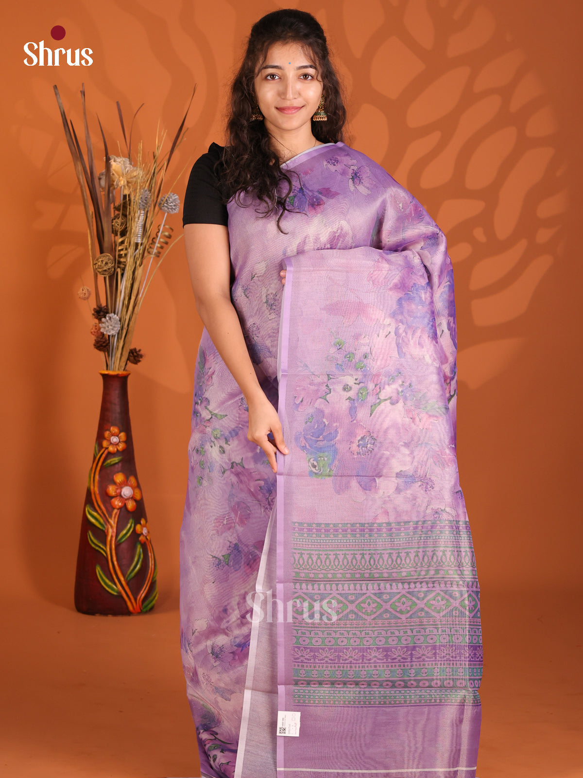 Lavender - Semi Tissue Print Saree - Shop on Shrus.com