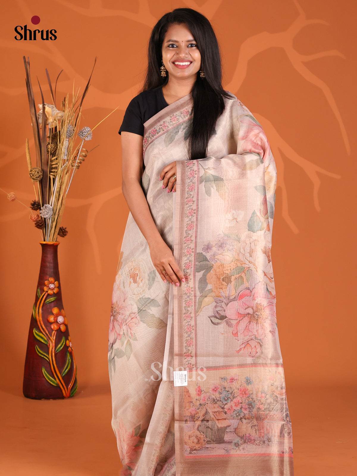 Cream & Dusty Brown - Semi Tissue Print Saree