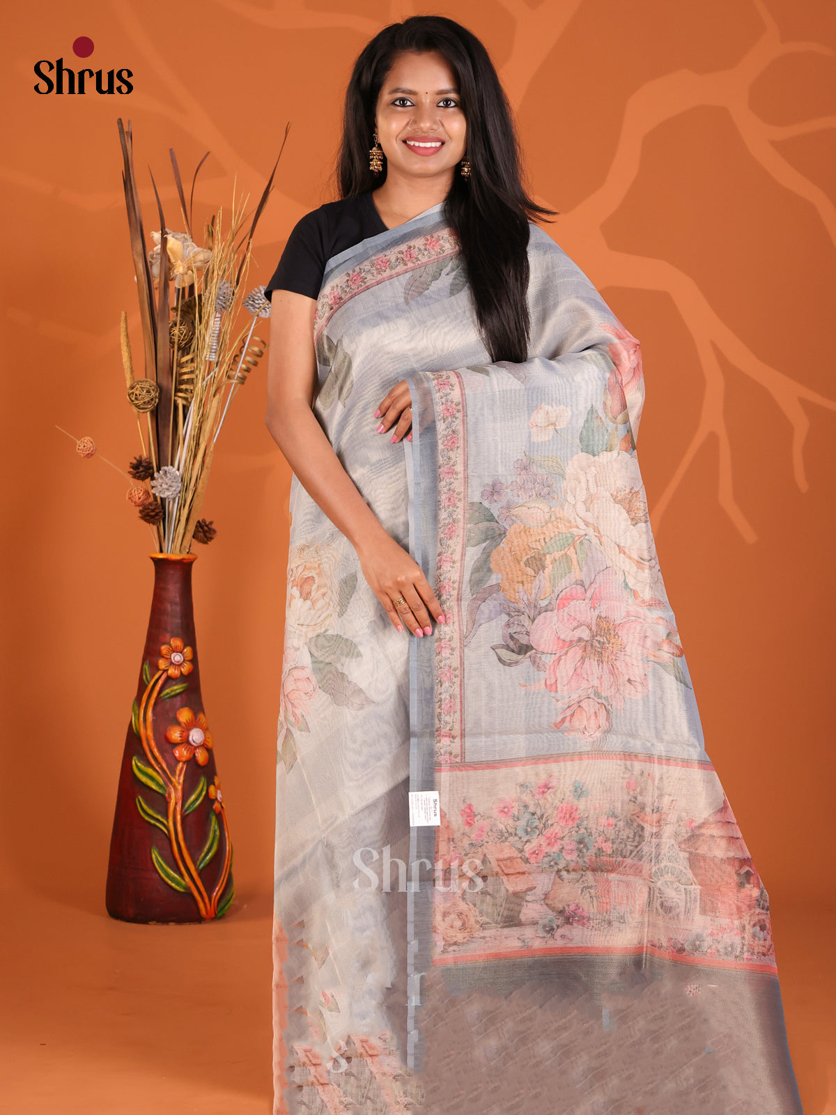 Grey - Semi Tissue Print Saree