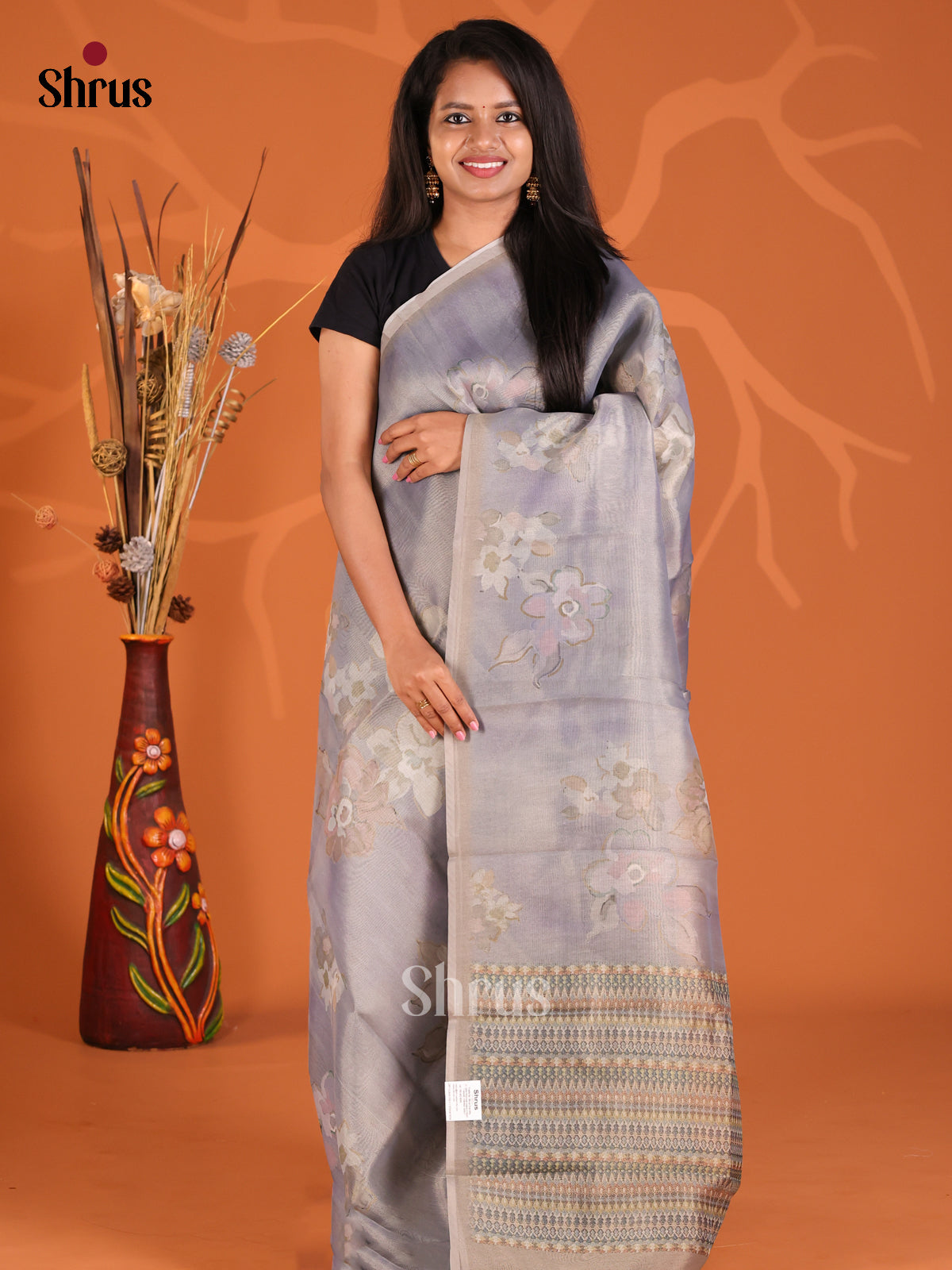 Light Blue & Grey - Semi Tissue Print Saree