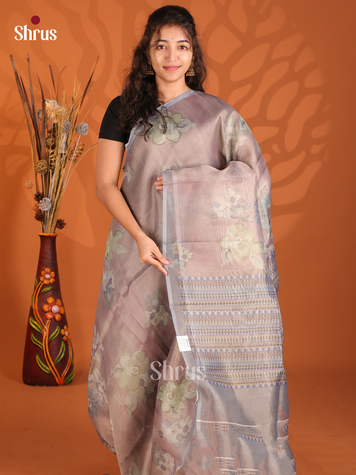 Brown & Grey - Semi Tissue Print Saree