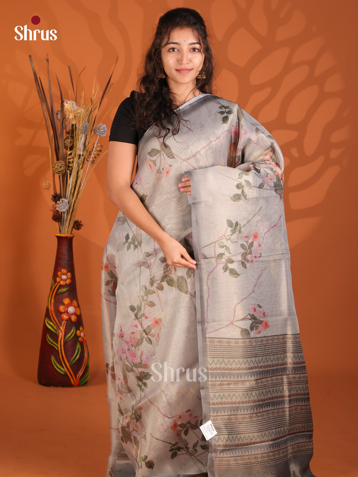 Grey - Semi Tissue Print Saree - Shop on Shrus.com