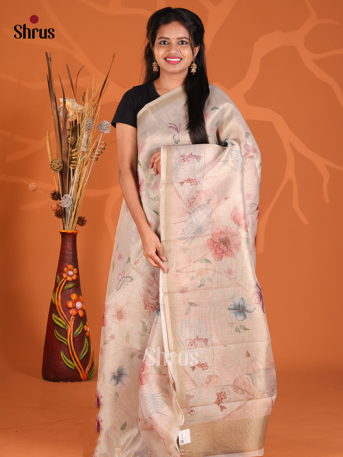 Cream - Semi Tissue Print Saree