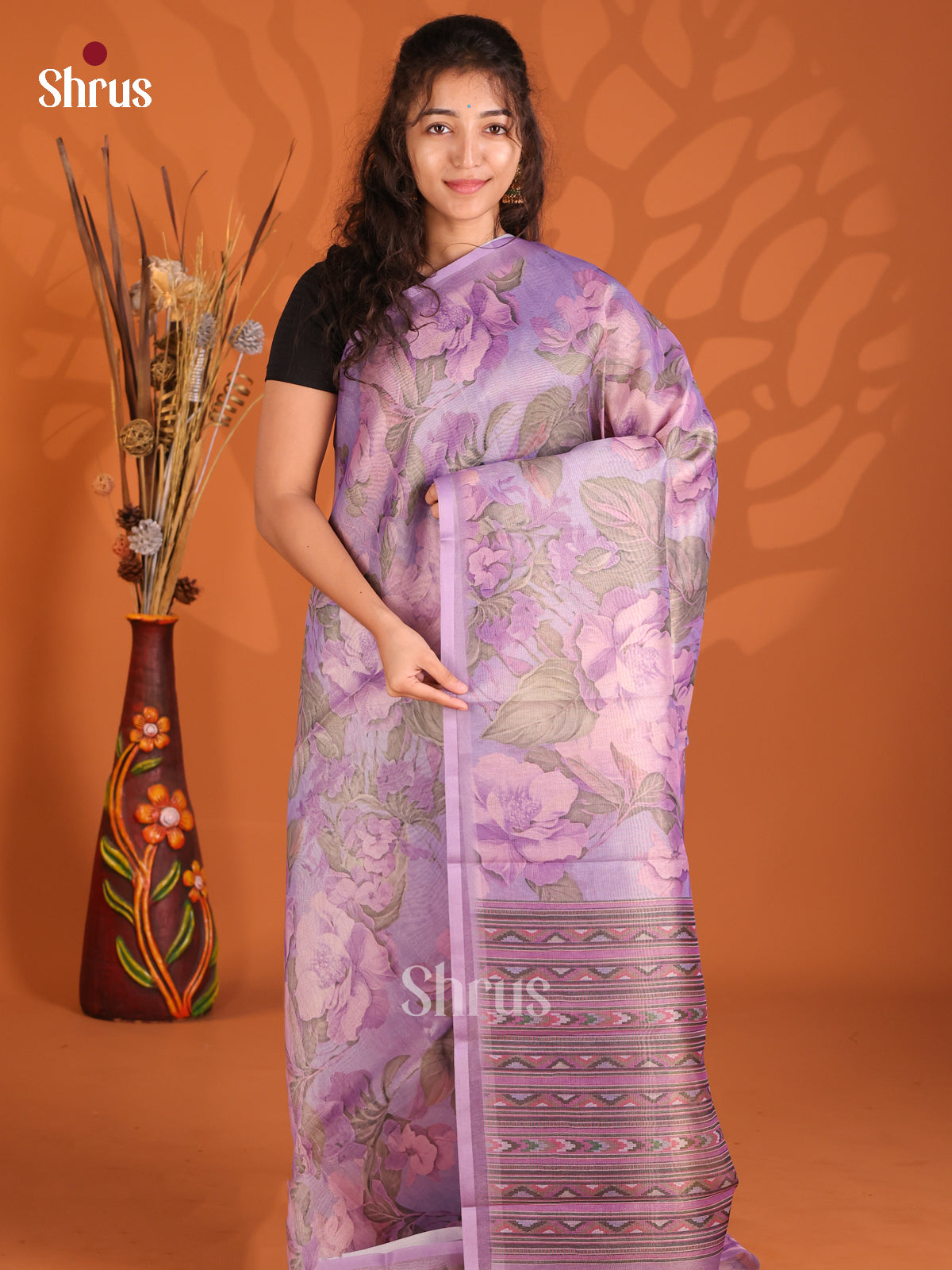 Lilac - Semi Tissue Print Saree - Shop on Shrus.com