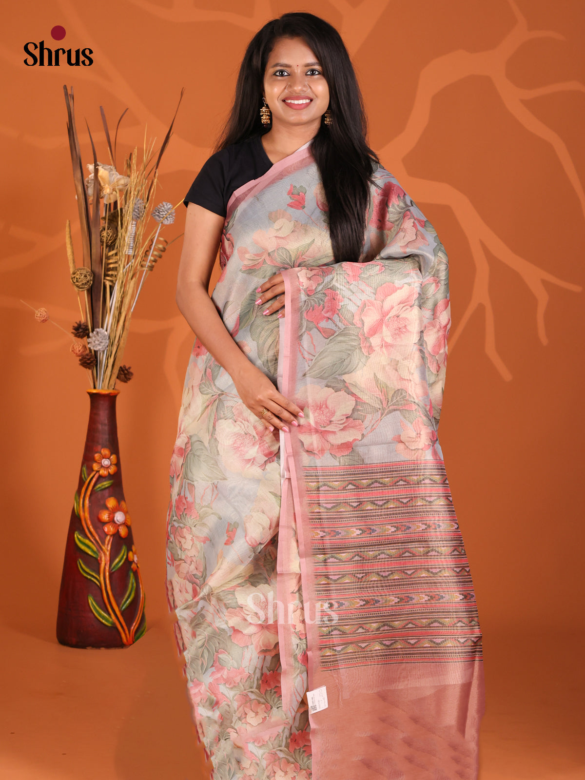 Grey & Dusty Pink - Semi Tissue Print Saree