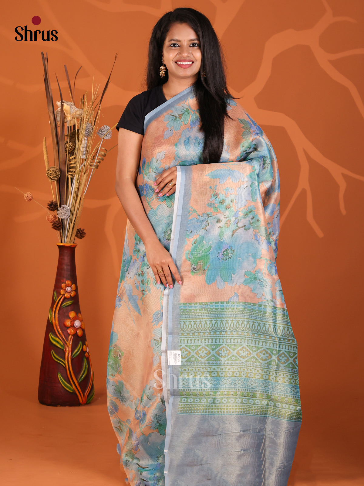 peach & Blue - Semi Tissue Print Saree