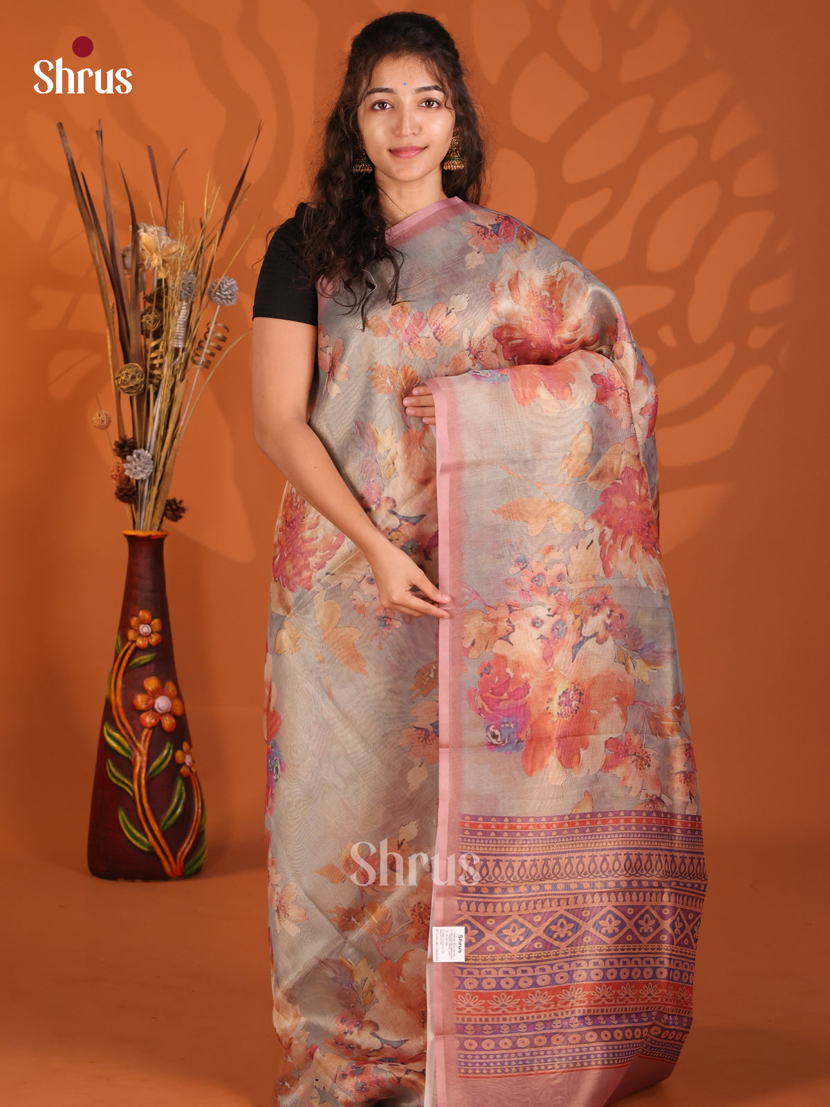 Grey & Brown- Semi Tissue Print Saree