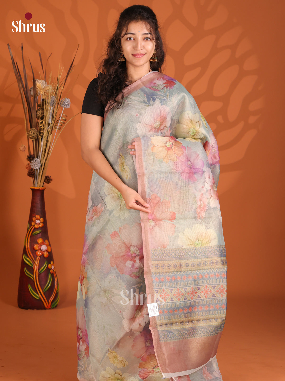 Grey & Brown - Semi Tissue Print Saree