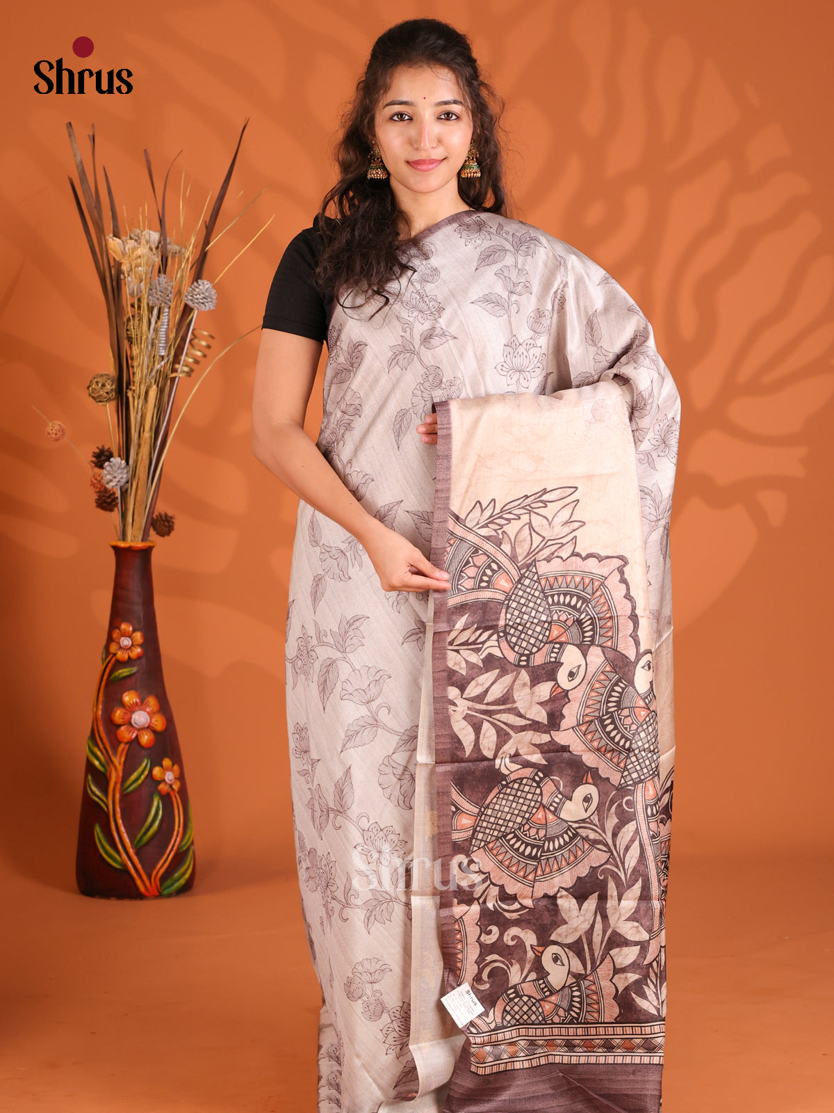 Cream & Brown- Butter silk Saree