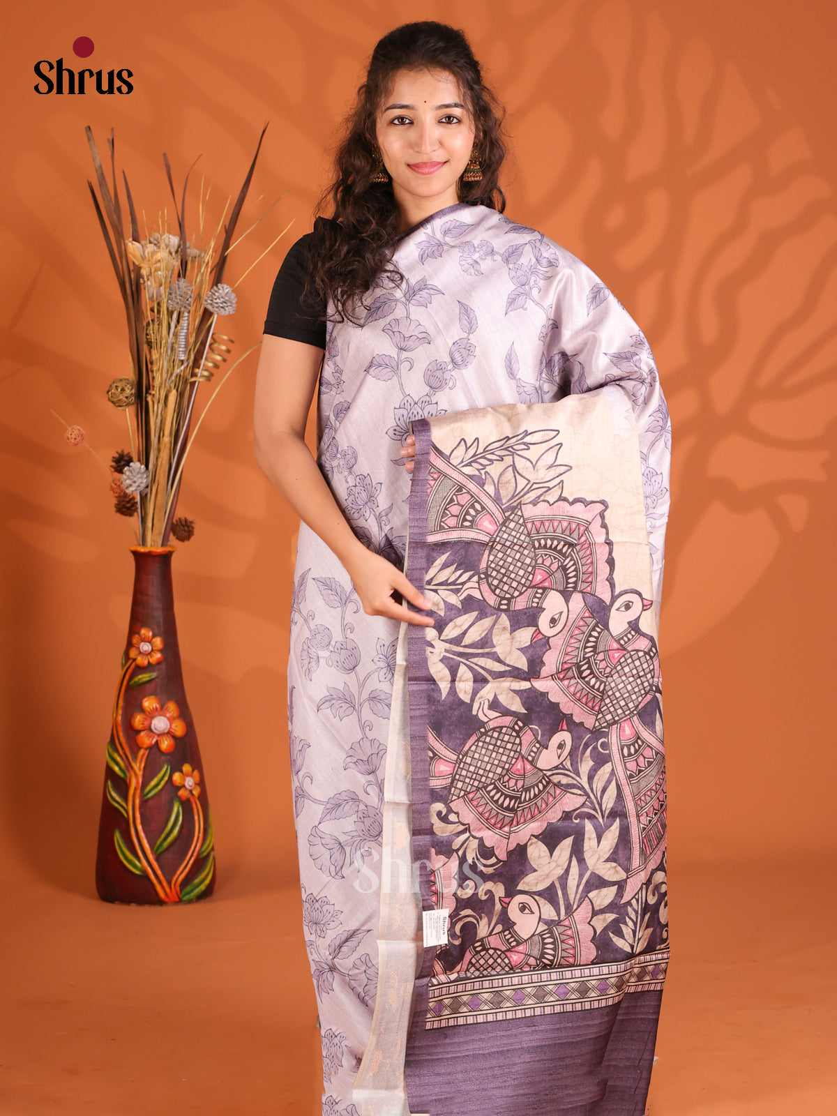 Cream & Purple - Butter silk Saree
