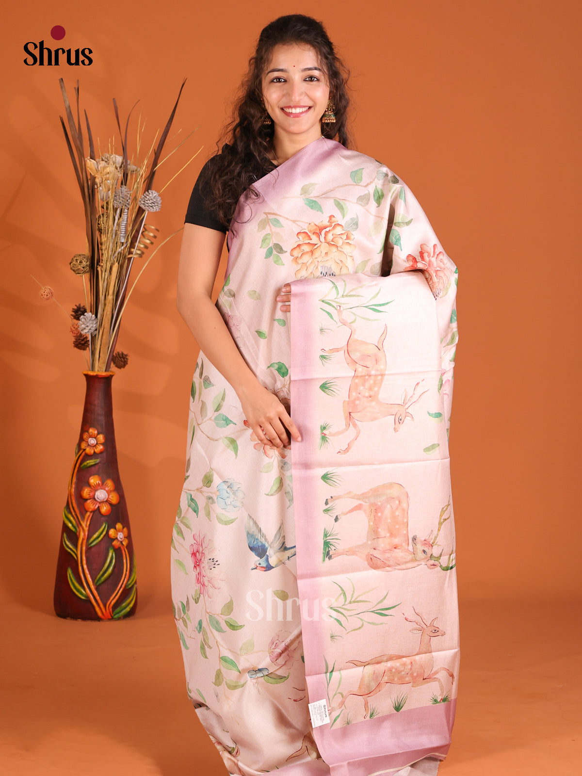 Cream & Pink- Butter silk Saree - Shop on Shrus.com