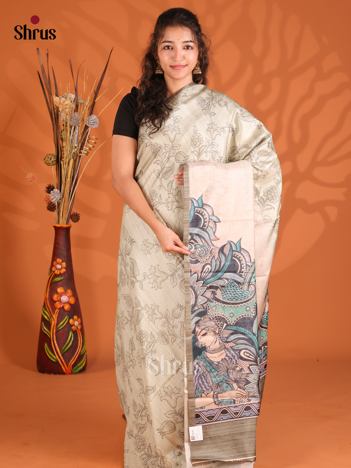 Cream & Grey - Butter silk Saree