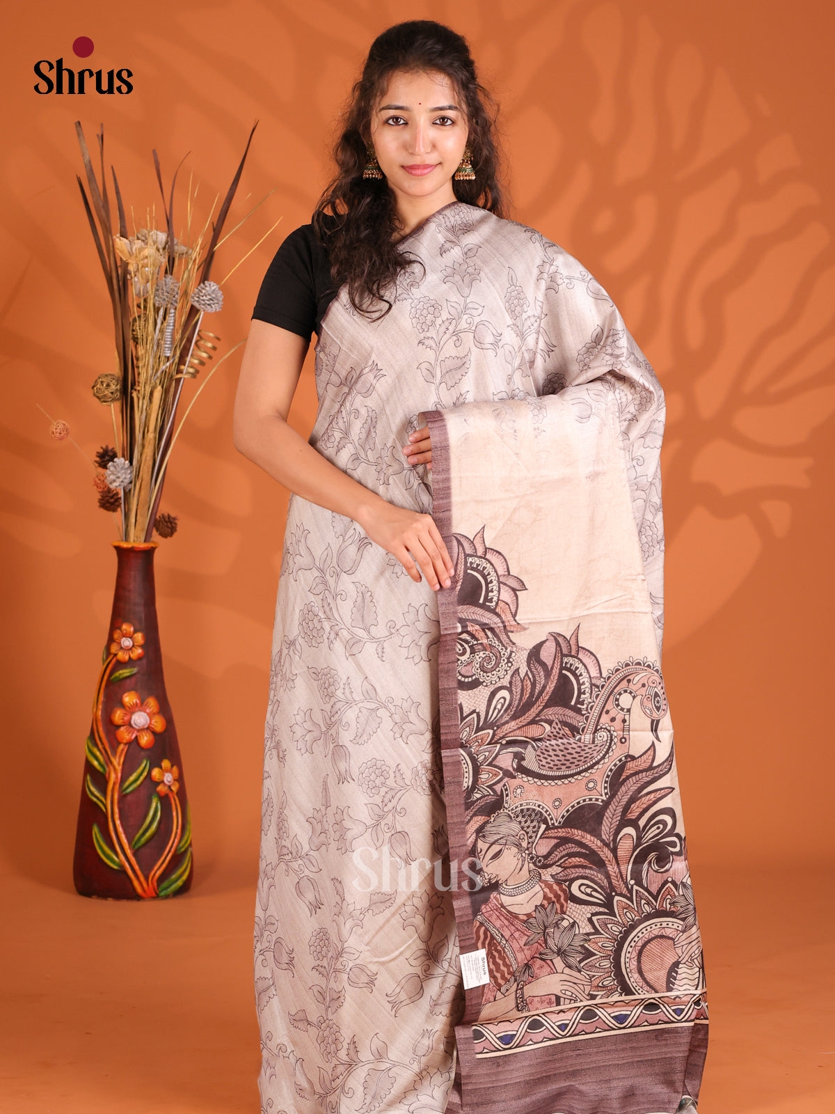 Cream & Brown - Butter silk Saree