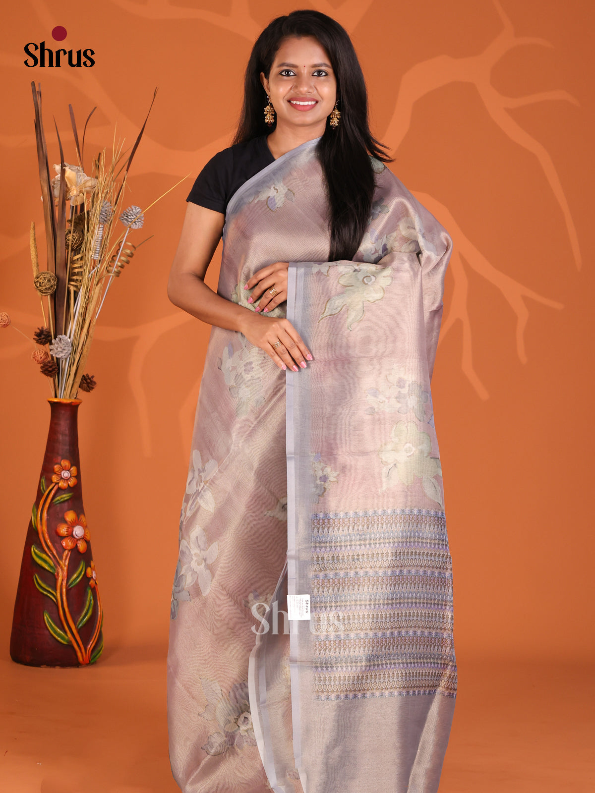 Brown & Blue - Semi Tissue Print Saree