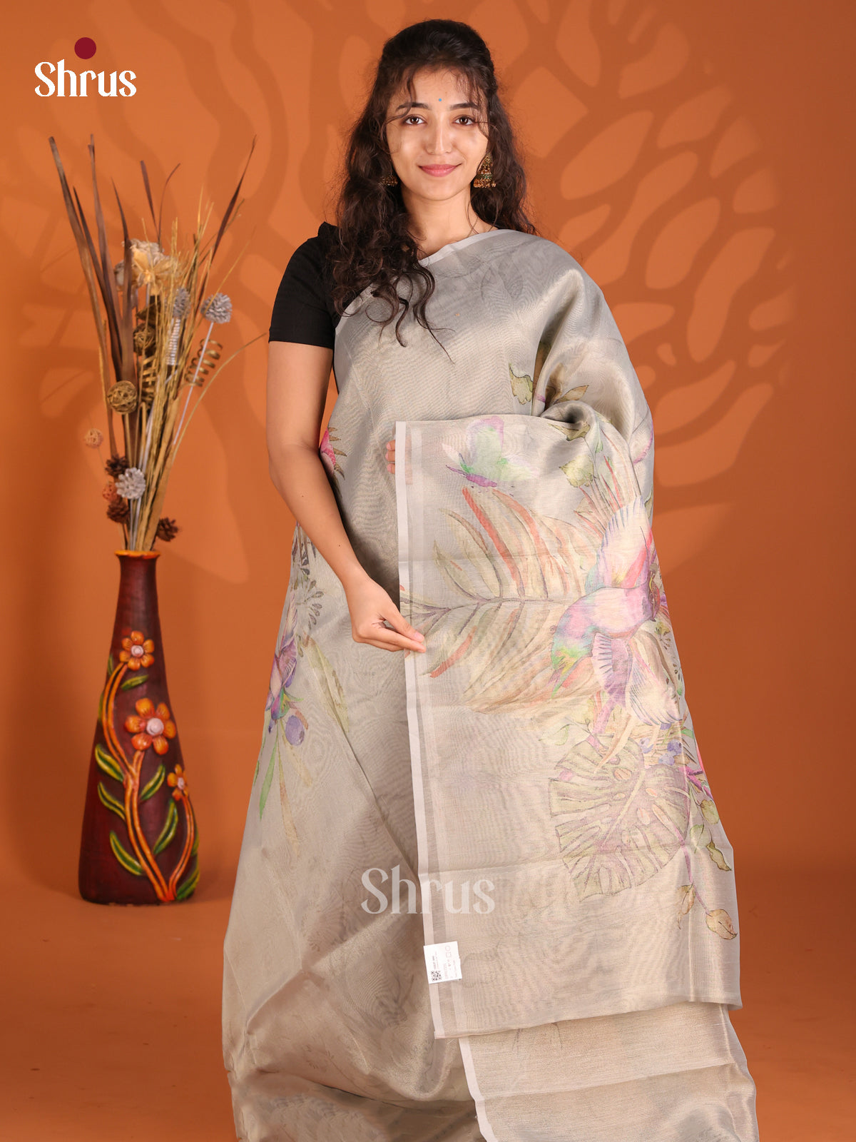 Grey - Semi Tissue Print Saree