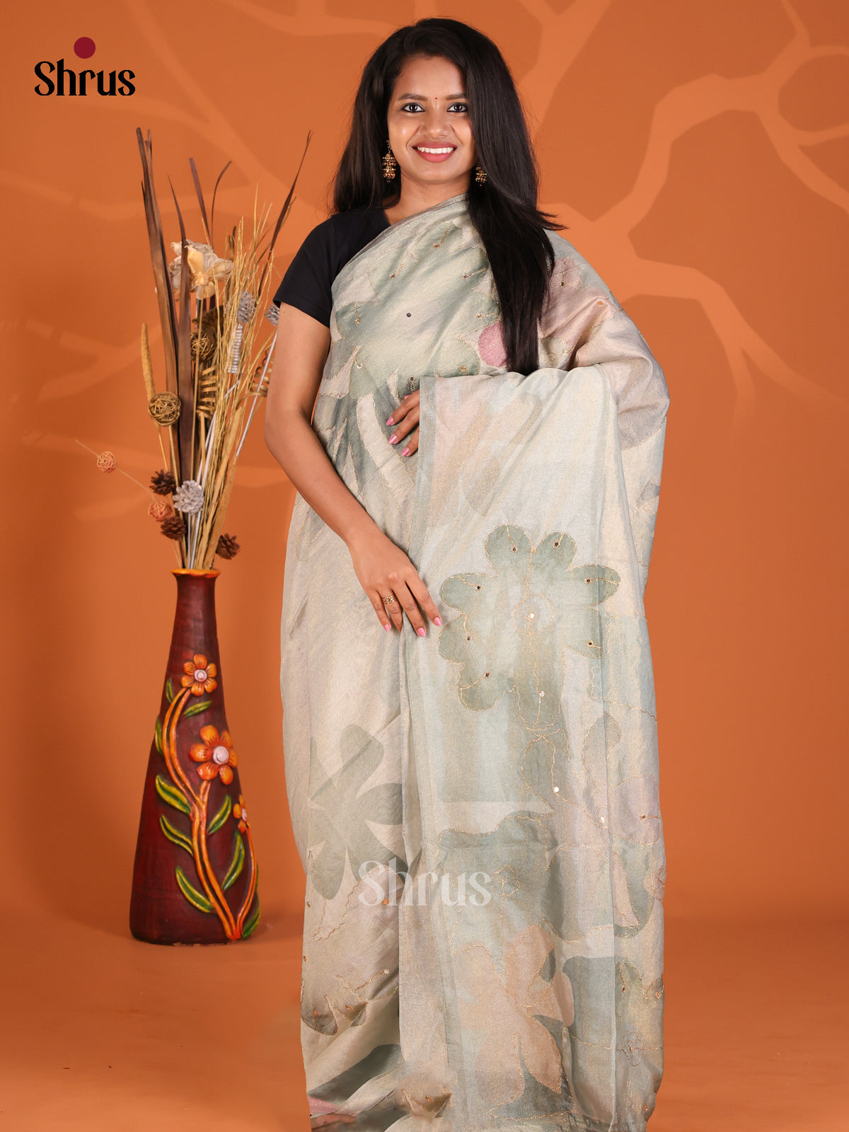 Grey Green - Semi Tissue Print Saree