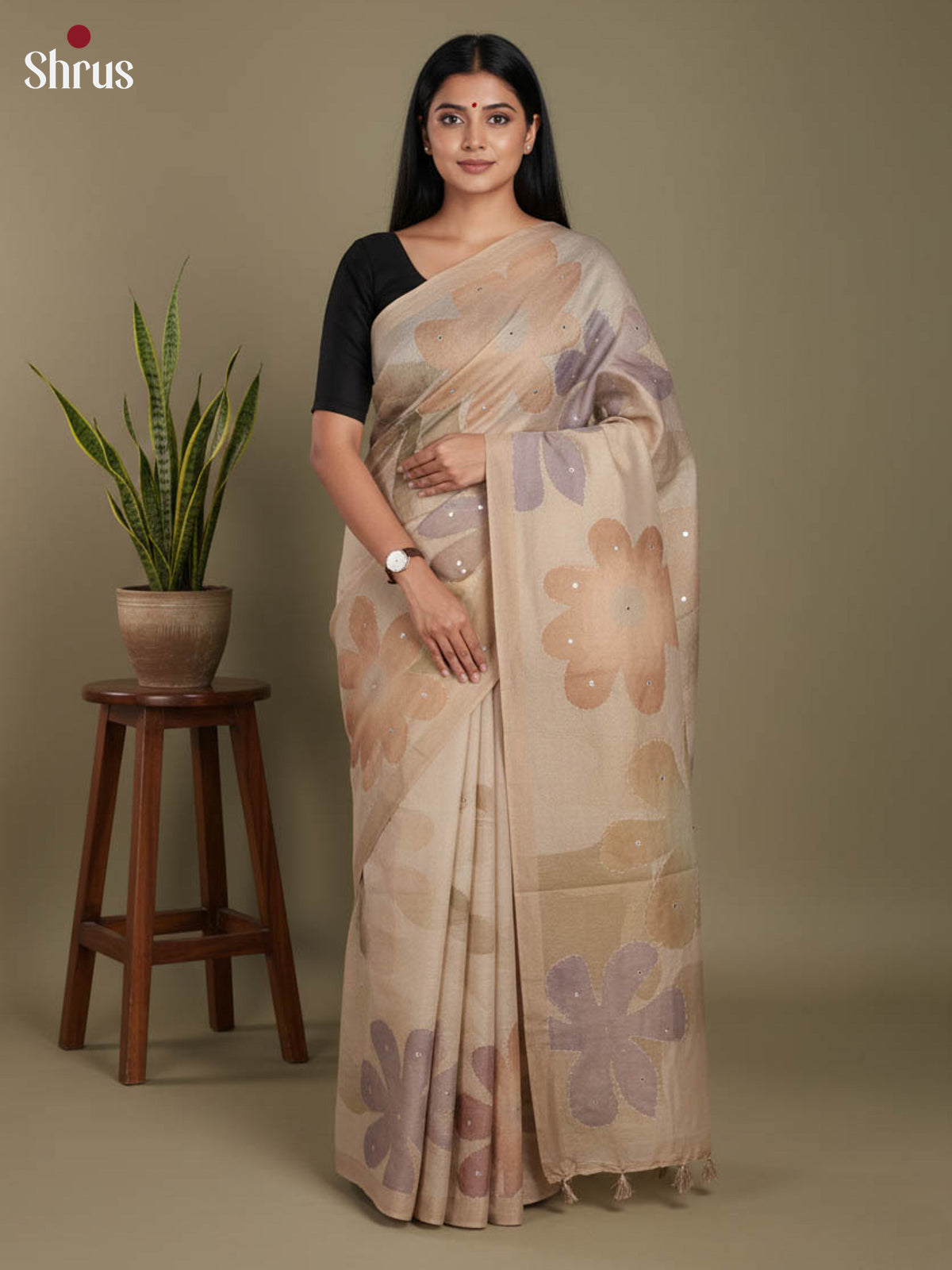 Cream & Brown - Semi Tissue Print Saree