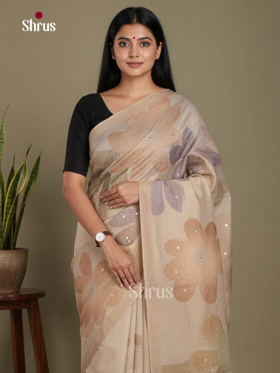 Cream & Brown - Semi Tissue Print Saree