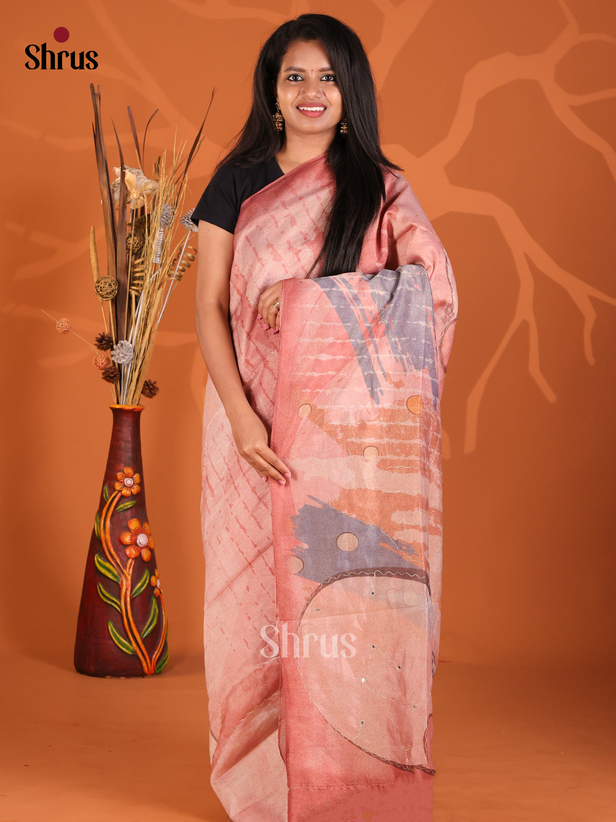 Pink - Semi Tissue Print Saree