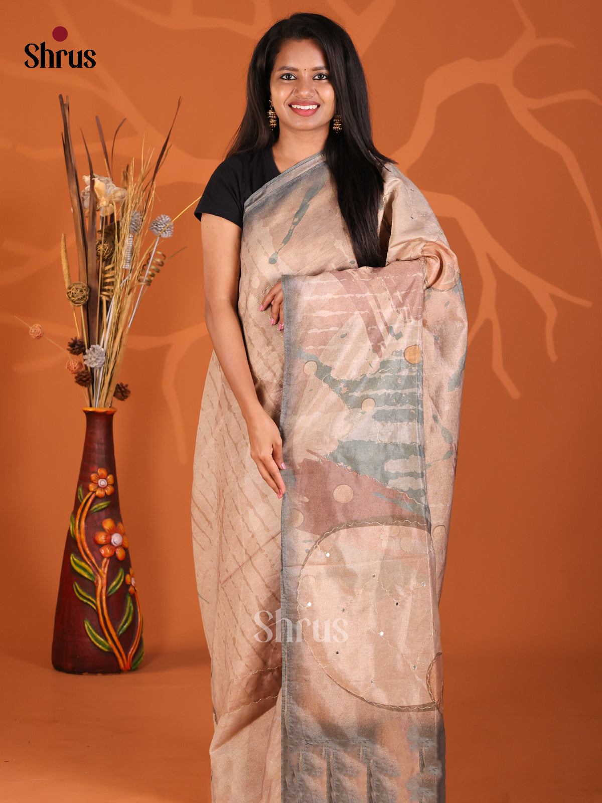 Dusty Brown & Grey- Semi Tissue Print Saree