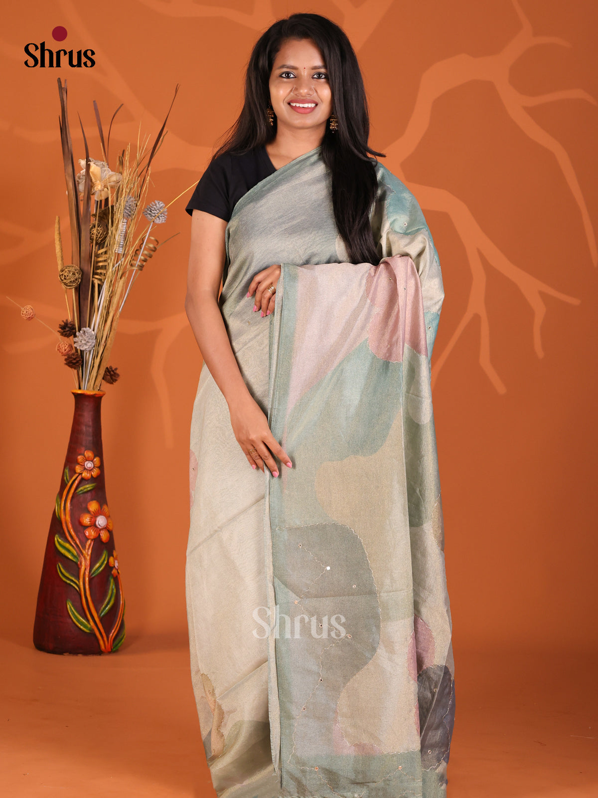 Grey - Semi Tissue Print Saree