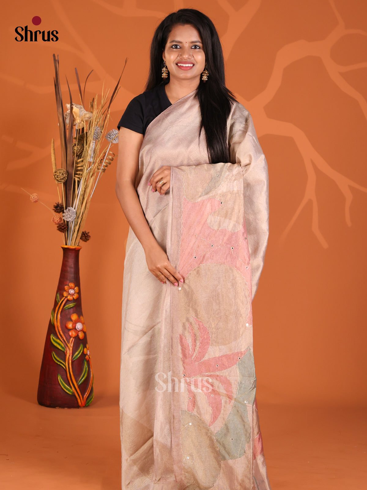 Dusty Brown - Semi Tissue Print Saree
